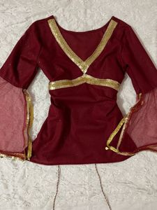 Elegant Maroon🥀 Short Kurta with Golden Embellish