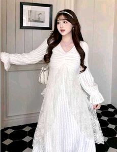 korean fur White Lace Detail Long Dress