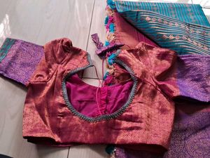 Beautiful Teal &amp; Blue Striped Saree With blouse