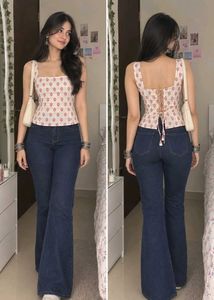 Cream Floral Printed corset Back Sleeveless Top