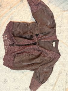 Elegant Brown Lace Trim Blouse
