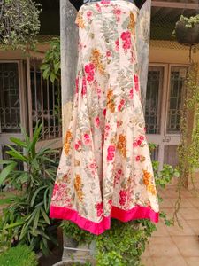 Elegant Pink Ethnic Gown With Floral Skirt/lehenga