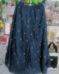 Navy Embroidered Tiered Maxi Skirt