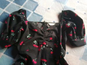 Cute Cherry Print Puff Sleeve Dress (S)