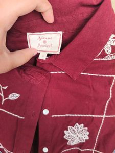 Maroon Embroidered Button-Up Shirt for women