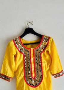 Vibrant Yellow Mirror Work Kurta with pink chudida