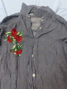 Striped Button-Up Tunic with Floral Embroidery