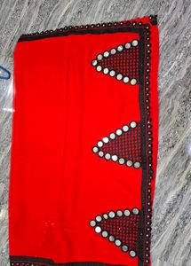 Vibrant Red Saree with Black Embellished Blouse