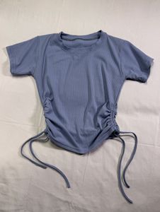 Blue Ribbed Drawstring Top