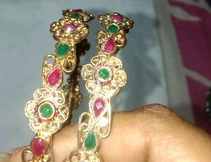 Gold Matte Finish Green And Red Stones Studded Flower Designed Metal Bangles