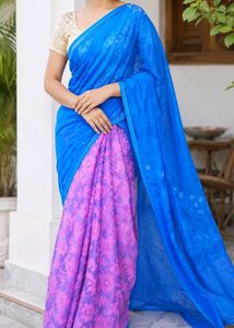 Vibrant Blue & Pink Floral Saree