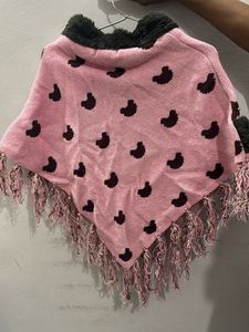 Pink Knit Poncho with Faux Fur Trim