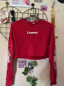 Red "L'amour" Cropped Long Sleeve Top