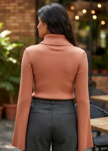 Ribbed Turtleneck Sweater with Bell Sleeves