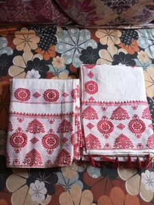 White mekhela sador with Red Embroidery