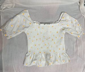 White Smocked Peplum Top with Daisy Print