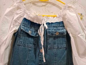 Denim Button-Down Dress with White Puff Sleeves