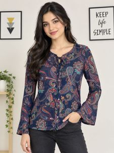 Sheer Paisley Print Button-Up Blouse