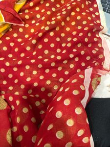 Charming Red &amp; Yellow Polka Dot Saree