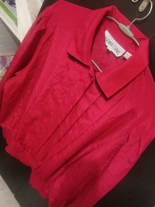 Red V-Neck Pleated Blouse
