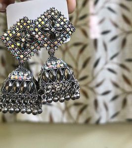 Oxidised Silver Stone-Studded Jhumka
