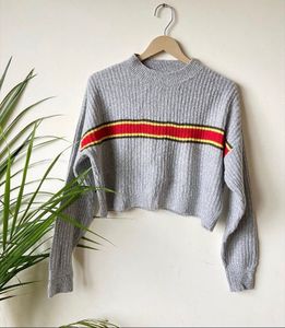 Gray Striped Cropped Sweater