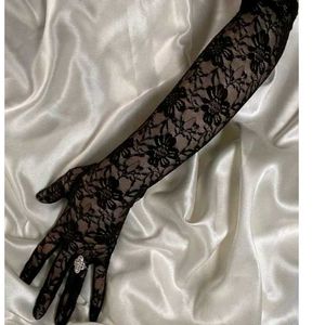 black vintage net floral long gloves