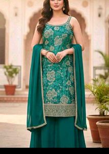 partywear padded Elegant Teal Floral Palazzo Suit