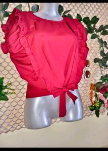 Chic Red Puff Sleeve Tie-Front Top