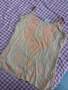 Embroidered Beige Spaghetti Strap Kurta