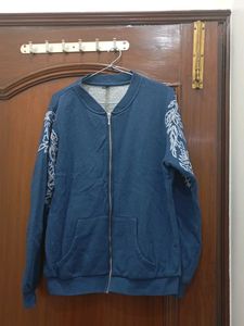Blue Bomber Jacket with Leaf Embroidery