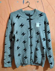 Grey Lightning Print Zipper Sweater