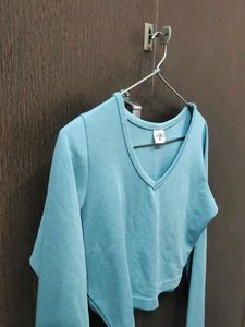 Teal V-Neck Cropped Long Sleeve Top