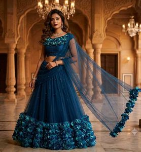 🦚 Ocean Blue 3D Floral Lehenga Choli Set ✨