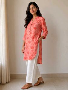 Coral Printed Short Kurta🧡