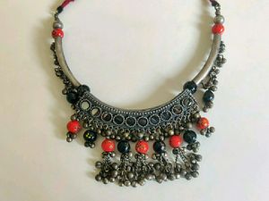 Boho Oxidized Silver Beaded Choker Necklace