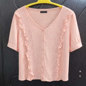 Pink Ruffle V-Neck Blouse