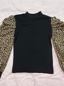 Leopard Sleeve Mock Neck Top