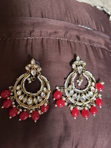 Elegant Red &amp; Gold Kundan Earrings