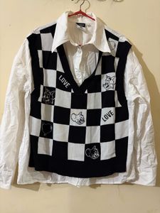 Checkered Cartoon Vest with Shirt