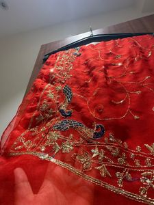 Only Red Saree with Peacock Embroidery