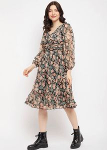 Floral Print Sheer V-Neck Midi Dress