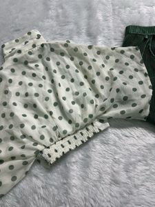 Polka Dot Mesh Top &amp; Pleated Pants Set