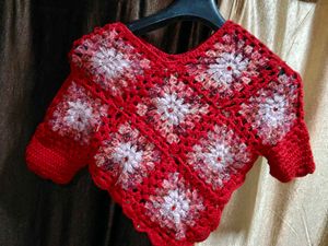 Boho Red Crochet Granny Square poncho woolen