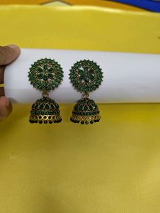 Emerald Green Jhumka Earrings | Antique Gold