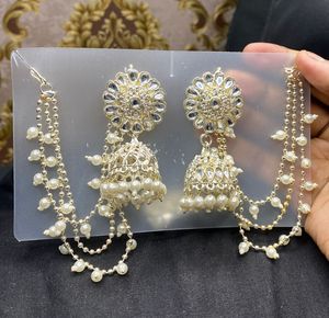 Pearl Kundan Jhumka Earrings and Maang Tika