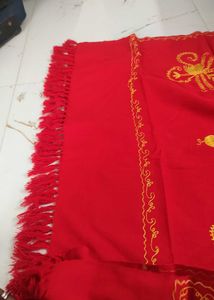 Red Embroidered wollen stole with Fringe