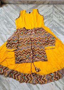 Yellow Kurta Set with Printed Jacket