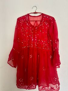 Red Mirror Work Chikankari Kurta