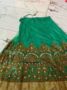 Green Heavy Skirt With Golden Cut Top